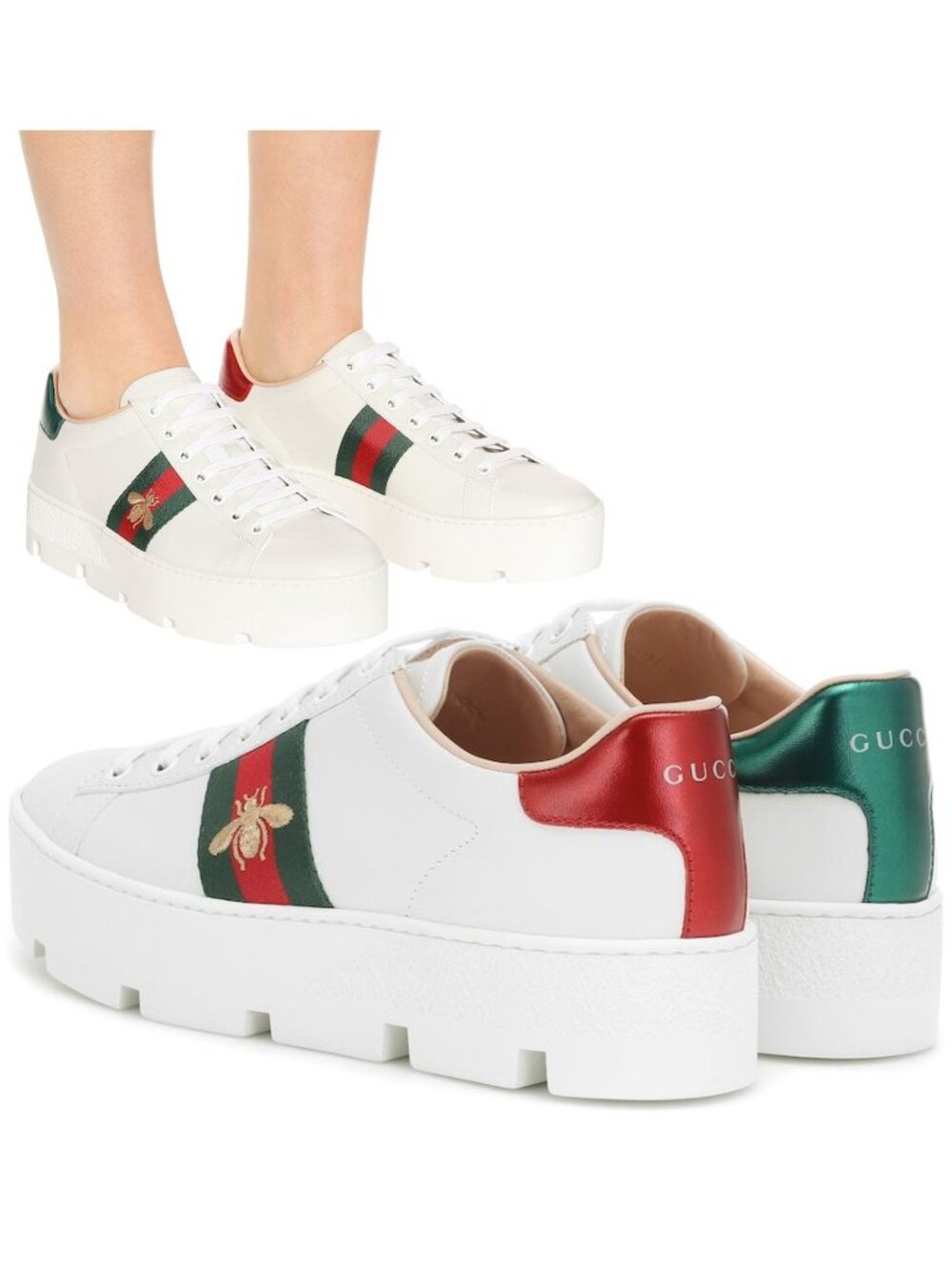 GUCCI SNEAKERS NEW ACE EMBROIDERED BEE WHITE LEATHER PLATFORM sz 10 OR 10.5